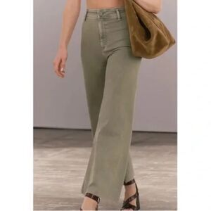 ZARA Womens Olive Green High Rise Wide Leg Distressed Edge Hem Jeans
